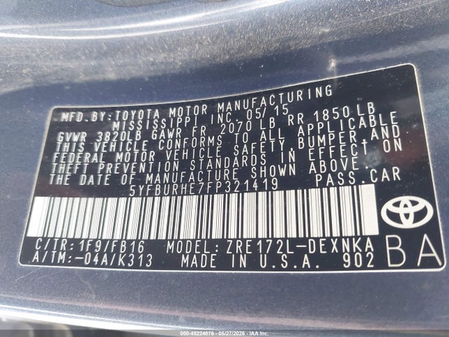 Toyota COROLLA LE 2015 5YFBURHE7FP321419 Image 9