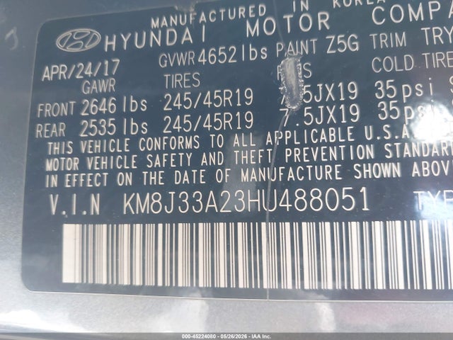 Продаж на аукціоні авто 2017 Hyundai Tucson Night, vin: KM8J33A23HU488051, номер лоту: 45224080