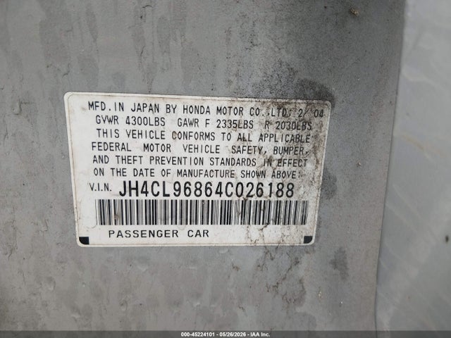 Продаж на аукціоні авто 2004 Acura Tsx, vin: JH4CL96864C026188, номер лоту: 45224101
