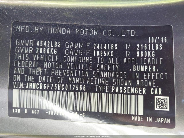 Продаж на аукціоні авто 2017 Honda Accord Hybrid Touring, vin: JHMCR6F75HC012566, номер лоту: 45224110