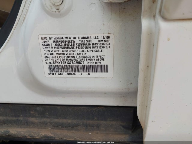Продаж на аукціоні авто 2007 Honda Pilot Lx, vin: 5FNYF28137B020572, номер лоту: 45224118