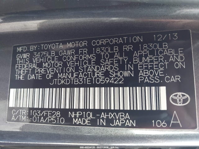 Продажа на аукционе авто 2014 Toyota Prius C One, vin: JTDKDTB31E1059422, номер лота: 45224128