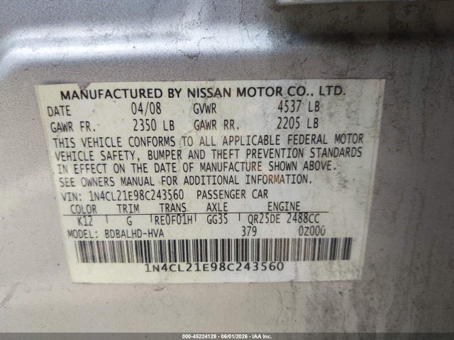 Продаж на аукціоні авто 2008 Nissan Altima Hybrid, vin: 1N4CL21E98C243560, номер лоту: 45224129