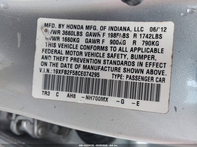 Продаж на аукціоні авто 2012 Honda Civic Lx, vin: 19XFB2F58CE074295, номер лоту: 45224135