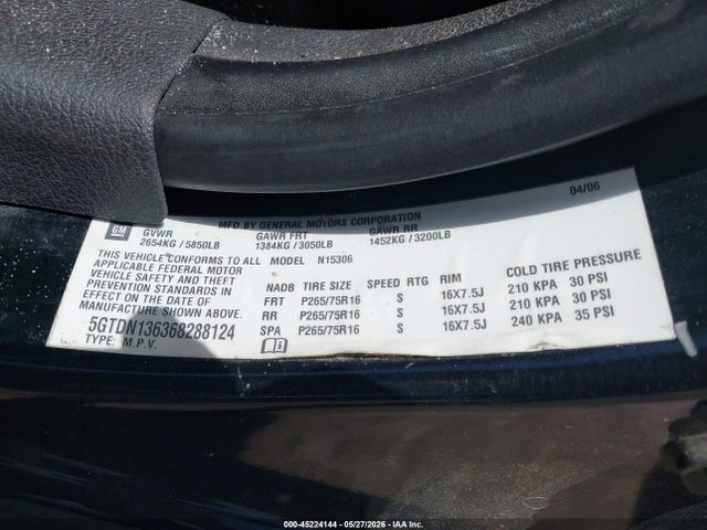 45224144 :رقم المزاد ، 5GTDN136368288124 vin ، 2006 Hummer H3 Suv مزاد بيع