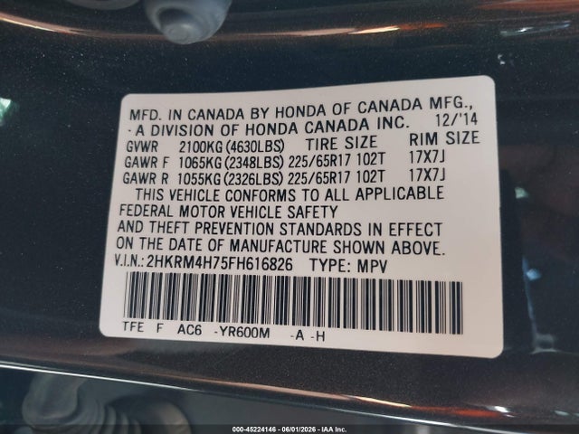 Honda Cr-v Ex-l 2015 2HKRM4H75FH616826 Image 9