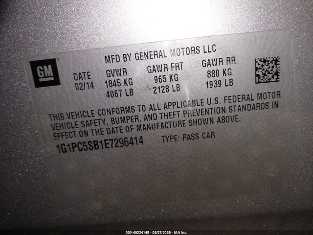 1G1PC5SB1E7296414 Chevrolet Cruze 1lt Auto