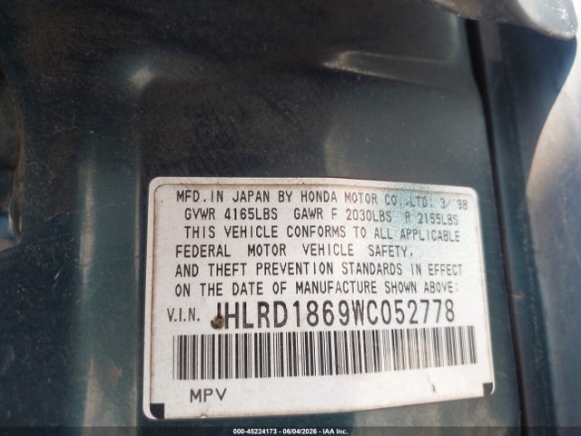 Aukcja sprzedaży 1998 Honda Cr-v Ex, vin: JHLRD1869WC052778, numer aukcji: 45224173