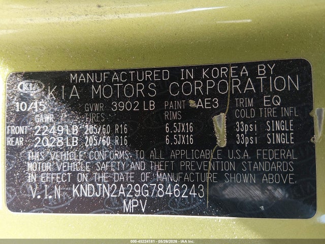45224181 :رقم المزاد ، KNDJN2A29G7846243 vin ، 2016 Kia Soul مزاد بيع