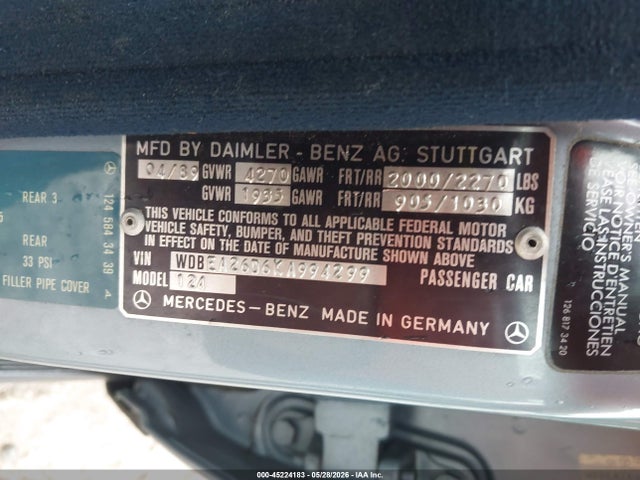 Продажа на аукционе авто 1989 Mercedes-benz 260 E, vin: WDBEA26D6KA994299, номер лота: 45224183