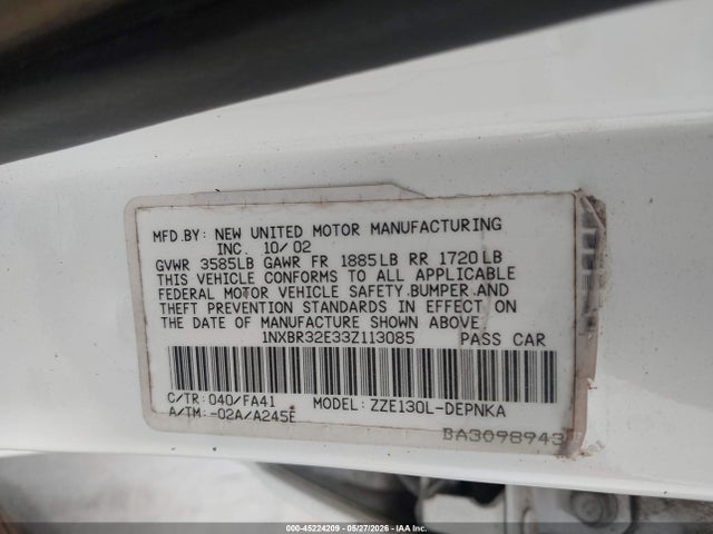45224209 :رقم المزاد ، 1NXBR32E33Z113085 vin ، 2003 Toyota Corolla Le مزاد بيع