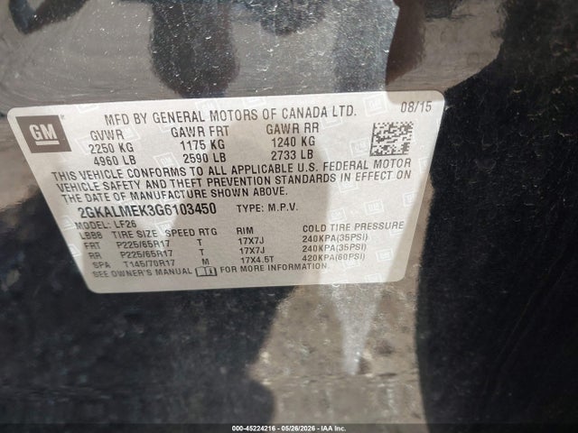 Aukcja sprzedaży 2016 Gmc Terrain Sle-1, vin: 2GKALMEK3G6103450, numer aukcji: 45224216