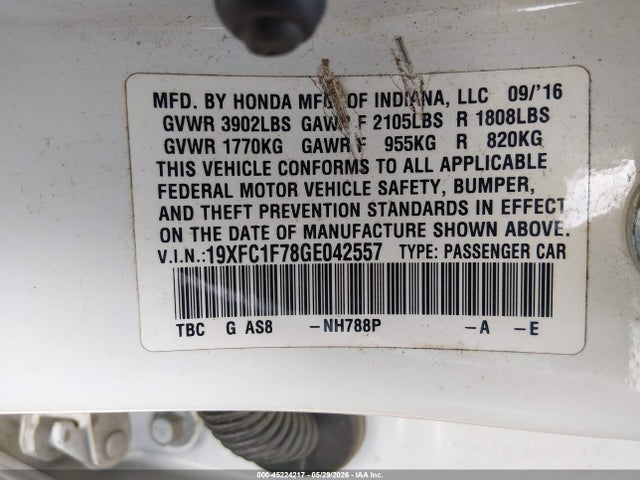 45224217 :رقم المزاد ، 19XFC1F78GE042557 vin ، 2016 Honda Civic Ex-l مزاد بيع