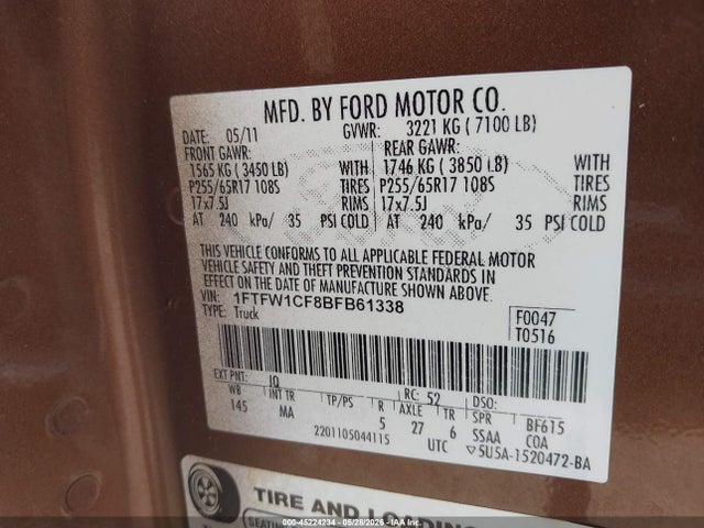 Продажа на аукционе авто 2011 Ford F-150 Xlt, vin: 1FTFW1CF8BFB61338, номер лота: 45224234