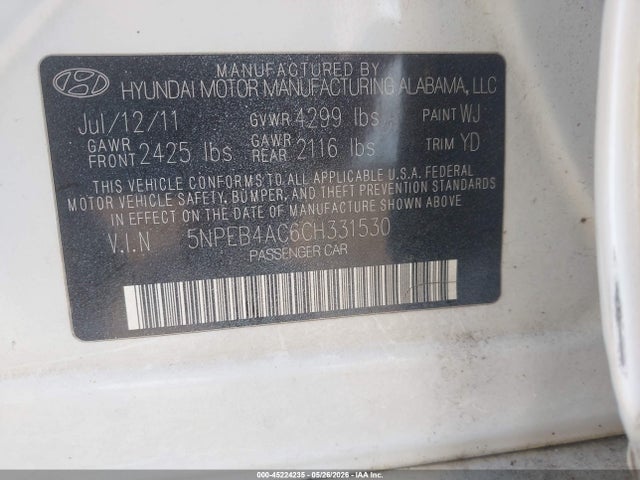 Продажа на аукционе авто 2012 Hyundai Sonata Gls, vin: 5NPEB4AC6CH331530, номер лота: 45224235