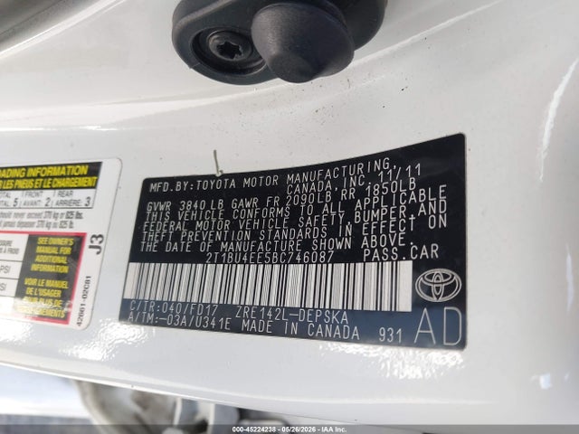 45224238 :رقم المزاد ، 2T1BU4EE5BC746087 vin ، 2011 Toyota Corolla S مزاد بيع