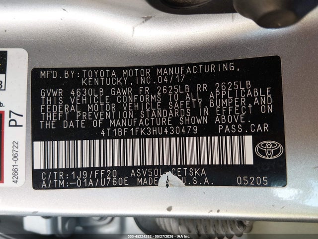 Aukcja sprzedaży 2017 Toyota Camry Se, vin: 4T1BF1FK3HU430479, numer aukcji: 45224252
