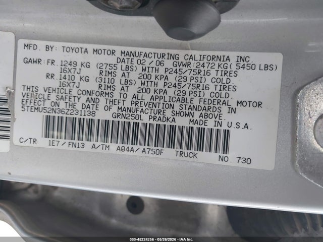 Продажа на аукционе авто 2006 Toyota Tacoma Base V6, vin: 5TEMU52N36Z231138, номер лота: 45224256