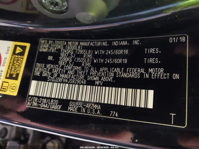 Aukcja sprzedaży 2018 Toyota Highlander Xle, vin: 5TDJZRFH4JS829048, numer aukcji: 45224260