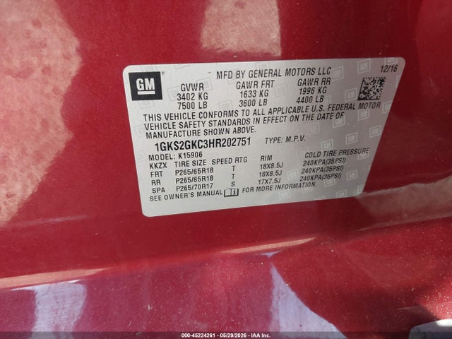 45224261 :رقم المزاد ، 1GKS2GKC3HR202751 vin ، 2017 Gmc Yukon Xl Slt مزاد بيع