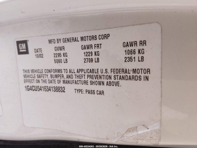 Продажа на аукционе авто 2003 Buick Park Avenue Ultra, vin: 1G4CU541634138832, номер лота: 45224263