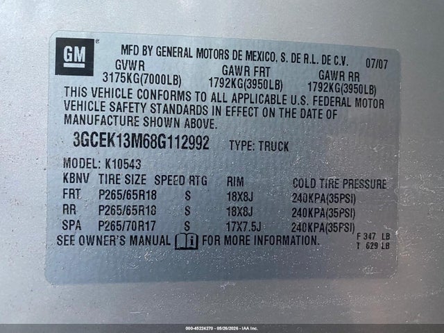 45224270 :رقم المزاد ، 3GCEK13M68G112992 vin ، 2008 Chevrolet Silverado 1500 Lt1 مزاد بيع