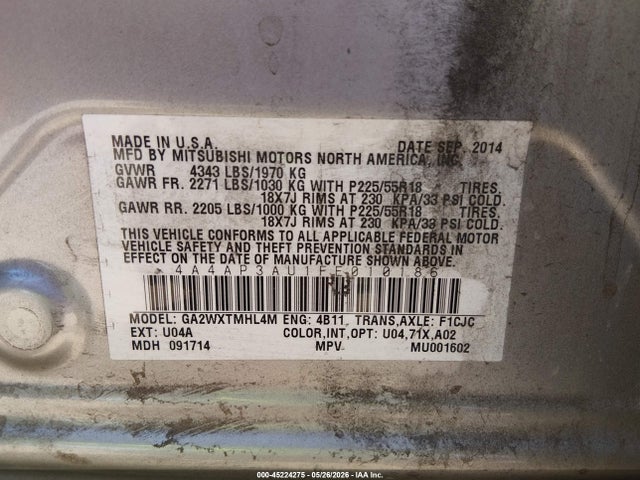 4A4AP3AU1FE010186 Mitsubishi Outlander Sport Es