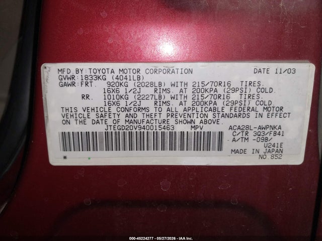 45224277 :رقم المزاد ، JTEGD20V940015463 vin ، 2004 Toyota Rav4 مزاد بيع
