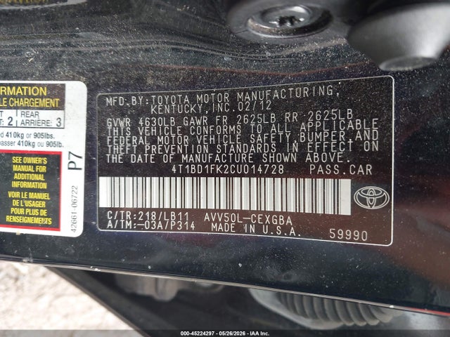 Продаж на аукціоні авто 2012 Toyota Camry Hybrid Xle, vin: 4T1BD1FK2CU014728, номер лоту: 45224297