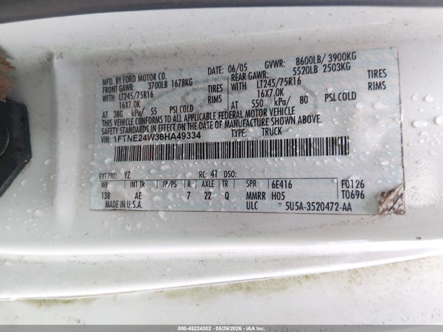 Auction sale of the 2006 Ford E-250 Commercial/recreational, vin: 1FTNE24W36HA49334, lot number: 45224302