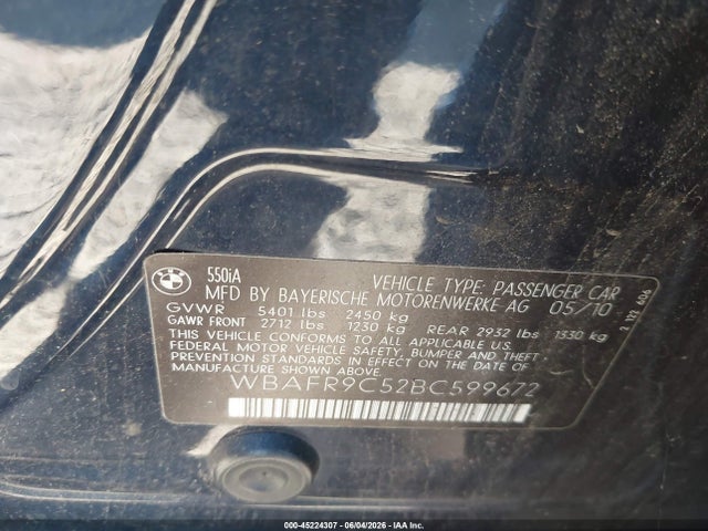 45224307 :رقم المزاد ، WBAFR9C52BC599672 vin ، 2011 Bmw 550i مزاد بيع