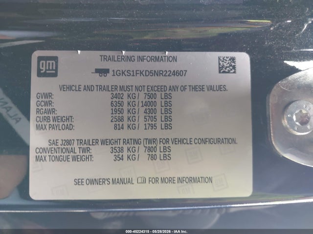 Продаж на аукціоні авто 2022 Gmc Yukon Xl 2wd Sle, vin: 1GKS1FKD5NR224607, номер лоту: 45224315