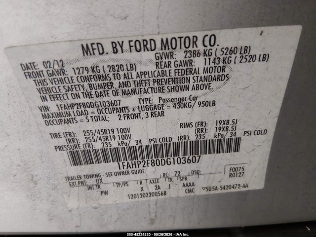 Продаж на аукціоні авто 2013 Ford Taurus Limited, vin: 1FAHP2F80DG103607, номер лоту: 45224320