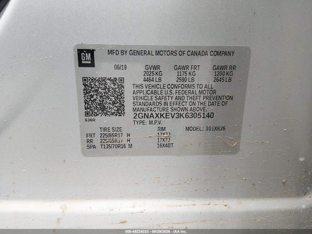 45224333 :رقم المزاد ، 2GNAXKEV3K6305140 vin ، 2019 Chevrolet Equinox Lt مزاد بيع