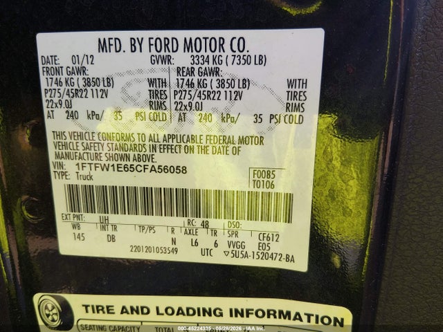 2012 Ford F-150 Harley-davidson მანქანა იყიდება აუქციონზე, vin: 1FTFW1E65CFA56058, აუქციონის ნომერი: 45224335