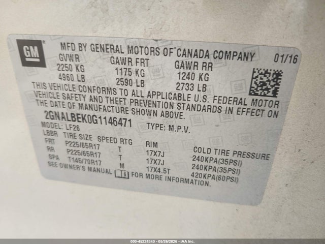 Auction sale of the 2016 Chevrolet Equinox Ls, vin: 2GNALBEK0G1146471, lot number: 45224340