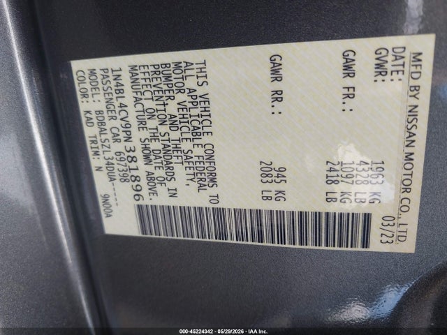 1N4BL4CV9PN381896 Nissan Altima Sr Fwd