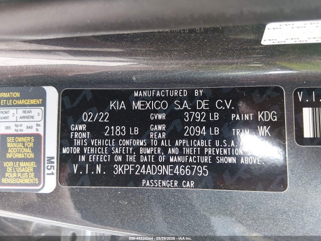 Aukcja sprzedaży 2022 Kia Forte Lxs, vin: 3KPF24AD9NE466795, numer aukcji: 45224344