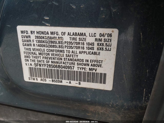 Aukcja sprzedaży 2006 Honda Pilot Ex-l, vin: 5FNYF28506B040957, numer aukcji: 45224349