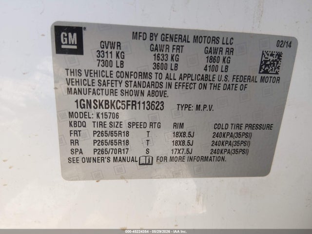 Продаж на аукціоні авто 2015 Chevrolet Tahoe Lt, vin: 1GNSKBKC5FR113623, номер лоту: 45224354