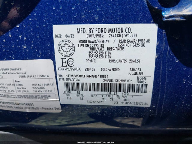 Aukcja sprzedaży 2022 Ford Explorer St-line, vin: 1FMSK8KH4NGB18891, numer aukcji: 45224365