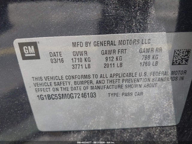 Продажа на аукционе авто 2016 Chevrolet Cruze Ls Auto, vin: 1G1BC5SM0G7246103, номер лота: 45224377