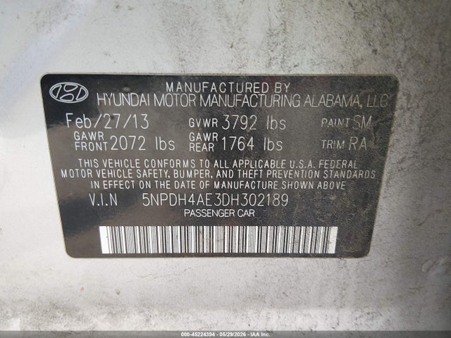 Продаж на аукціоні авто 2013 Hyundai Elantra Limited, vin: 5NPDH4AE3DH302189, номер лоту: 45224394