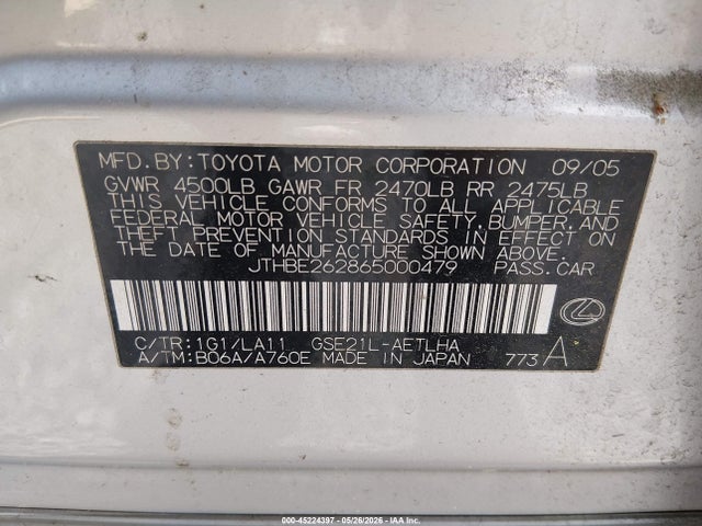 Aukcja sprzedaży 2006 Lexus Is 350, vin: JTHBE262865000479, numer aukcji: 45224397