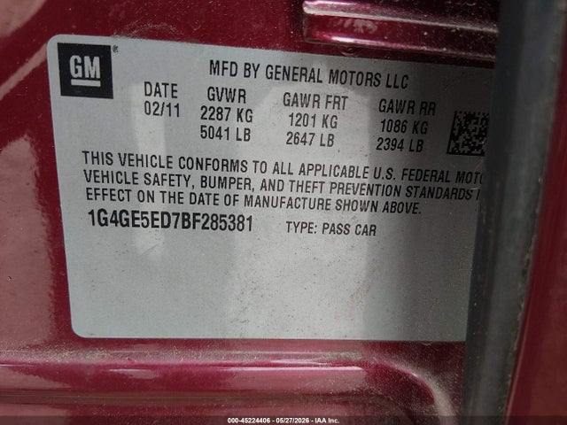 Aukcja sprzedaży 2011 Buick Lacrosse Cxs, vin: 1G4GE5ED7BF285381, numer aukcji: 45224406