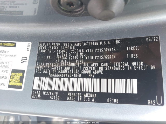 Aukcja sprzedaży 2022 Toyota Corolla Cross L, vin: 7MUAAAAG9NV021040, numer aukcji: 45224409
