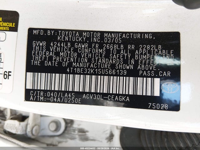 2005 Toyota Camry Xle მანქანა იყიდება აუქციონზე, vin: 4T1BE32K15U566139, აუქციონის ნომერი: 45224432
