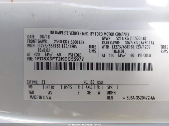 Aukcja sprzedaży 2019 Ford F-350 Chassis Xl, vin: 1FD8X3FT2KEC55977, numer aukcji: 45224495