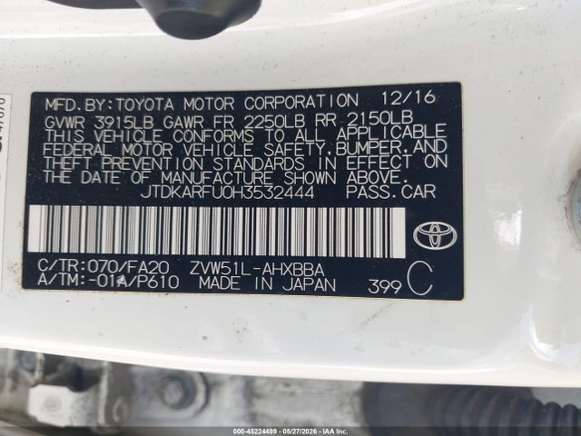 JTDKARFU0H3532444 Toyota Prius Two Eco
