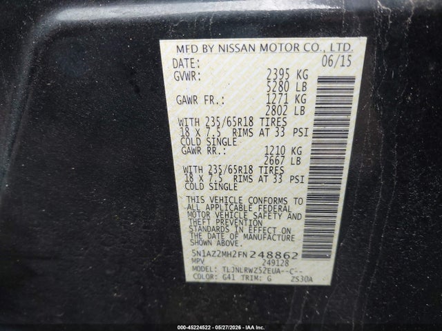 Aukcja sprzedaży 2015 Nissan Murano Sl, vin: 5N1AZ2MH2FN248862, numer aukcji: 45224522